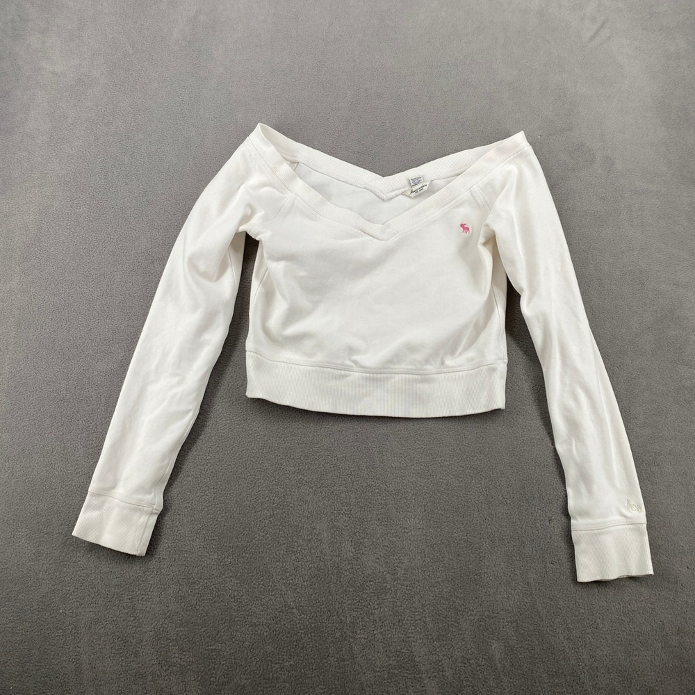 Abercrombie & Fitch Off Shoulder Crop Top White Long Sleeveā Pink Moose Logo L